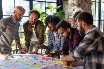 Fototapeta premium A team collaborates intensely over a project, crowded around a table covered in colorful sticky notes, paper sketches, and markers in a bright, modern workspace.