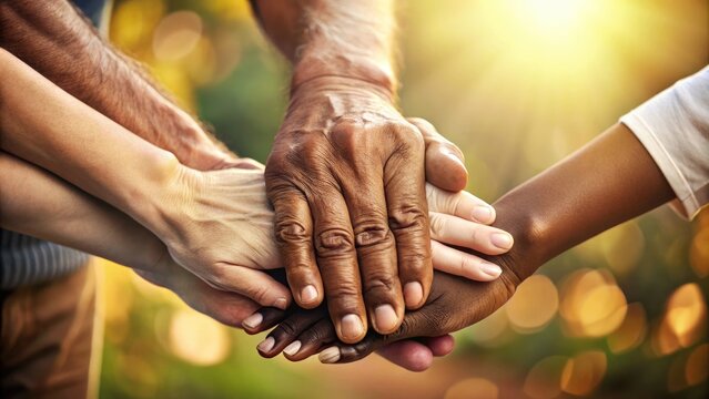 Three hands of varying ages and skin tones intertwined, symbolizing unity, diversity, and harmony, against a warm and blurred background with subtle shadows.