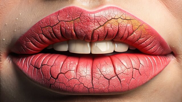 Vibrant 3D illustration of a pair of cracked lips with dry, flaking skin, emphasizing the discomfort and pain of chapped lips in high detail.