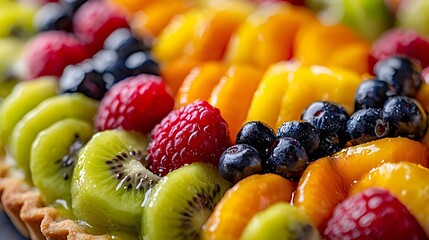 A vibrant macro photograph of a fruit tart, showcasing the fresh, colorful fruits and the glossy glaze.