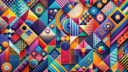 Vibrant abstract collage of geometric shapes, colorful patterns, and bold typography elements, blending digital art and modern design principles in a creative composition.