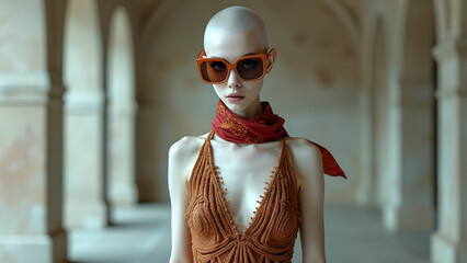albino supermodel stands at full height creative pose in a floor-length macrame dress with a V-neck, bald, in a bandana, with huge mirrored glasses, thin, stern, beautiful face