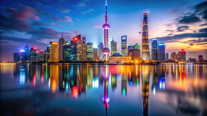 Fototapeta premium Vibrant night skyline of Shanghai's futuristic financial district, featuring iconic Oriental Pearl Tower and majestic skyscrapers shimmering with colorful lights and reflections.