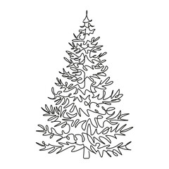 Spruce minimalist line drawing.  Christmas tree contour image on a white background. Pine art icon.