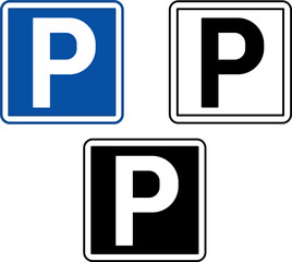 Signs Parking. Blue Square Road Signs. Shows Driver Where to Park Car. Black and White Vector Icons