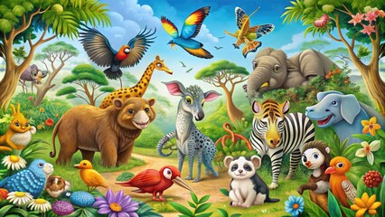 Naklejka premium Vibrant and colorful illustration set featuring a diverse range of happy animals, including mammals, birds, reptiles, and insects, in their natural habitats and environments.