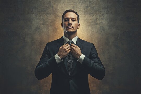 Confident man in suit fixing tie on textured backdrop