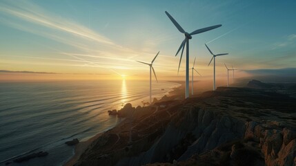 Scenic sunset over the ocean with wind turbines on the cliff, generating renewable energy and showcasing nature's beauty.