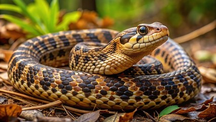 Fototapeta premium Eastern hognose snake with striking white and yellow markings on its face and coiled body rests motionless on forest floor.