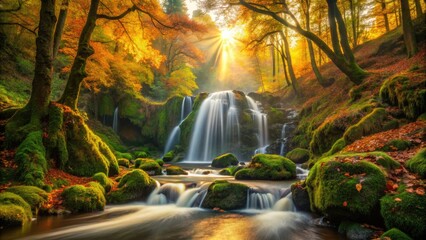 Vibrant autumn foliage surrounds a serene waterfall cascading down moss-covered ancient trees in a misty, verdant forest, illuminated by warm, golden morning sunlight.