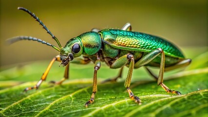 Naklejka premium Emerald-green insect's long antennae twitch as its six legs move swiftly, delicate features captured in stunning detail.