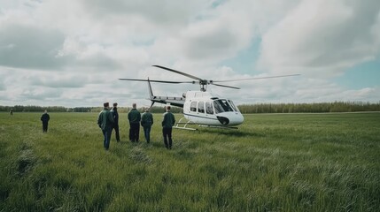 A army helicopter lands in a grassy field as soldiers in green uniforms move nearby, showcasing military operations in a natural landscape under overcast skies