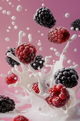 Fresh raspberry fruit with milk splash