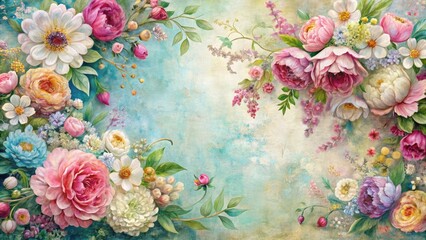 Vibrant blooming flowers in pastel hues spill across a textured canvas, surrounded by a delicate ornate border, creating a soft, whimsical, and romantic artistic composition.