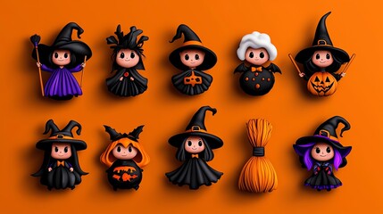 Fototapeta premium Colorful Halloween figurines featuring witches and spooky elements, perfect for festive decor and seasonal crafts.