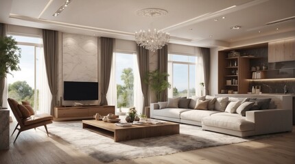 Fototapeta premium Minimalist beige interior, living room