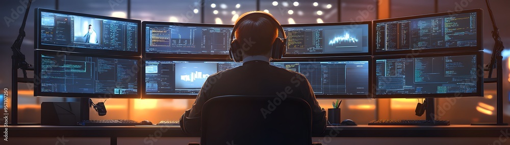 Poster a focused individual at multiple monitors, immersed in data analysis or gaming, showcasing a modern 