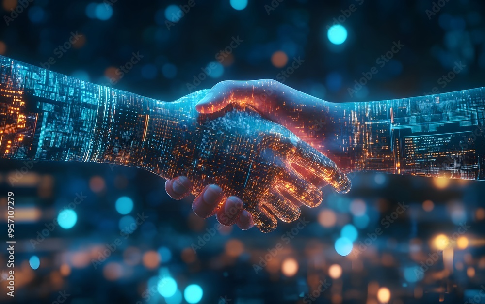 Poster A futuristic handshake symbolizing collaboration between technology and humanity, featuring digital patterns and glowing elements.
