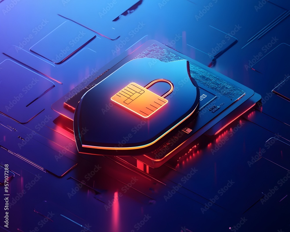 Poster a futuristic representation of a digital security shield on a circuit board, symbolizing data protec