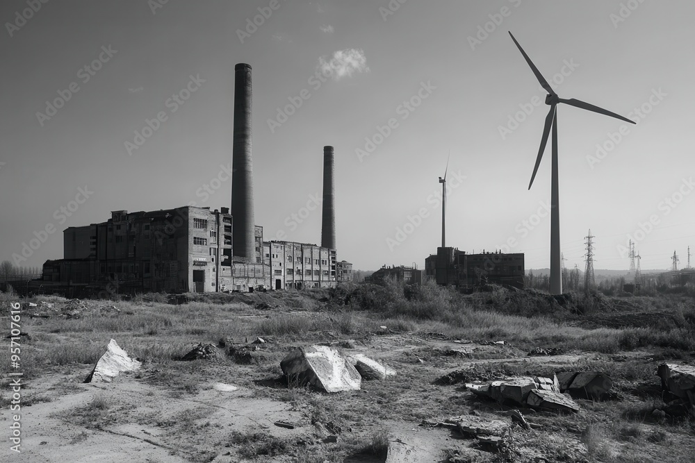Poster closed coal mines stand alongside modern wind turbines, showcasing the shift towards renewable energ