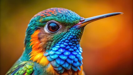 Fototapeta premium Vibrant blue and orange plumage of a tiny hummingbird's head and beak fill the frame, showcasing intricate feathers and delicate details in extreme close-up.