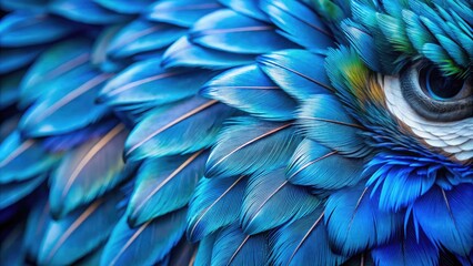 Obraz premium Vibrant blue and white feathers fill the frame in a stunning close-up of a bird's eye, showcasing intricate details and textures in sharp focus.