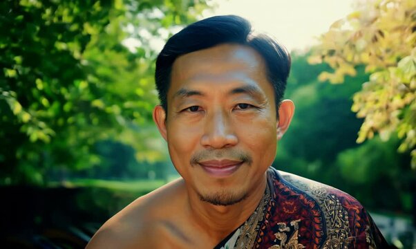 Serene Thai Man Sitting on Park Bench in Vibrant Greenery