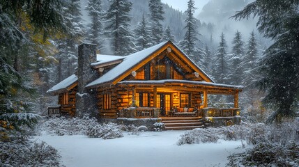 A cozy yet luxurious log cabin nestled in the woods, surrounded by tall pine trees and a soft snowfall