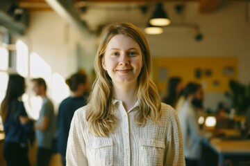 Fototapeta premium A young woman with a friendly expression stands in a bright, open office space with colleagues seen interacting in the background.