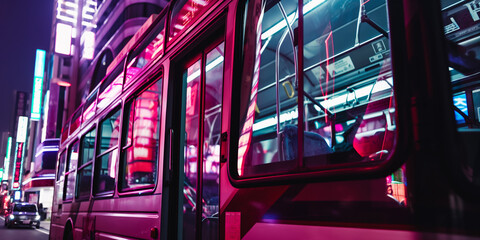 Obraz premium NeonLit City Bus at Night Urban Nightlife and Transportation in Vibrant Colors