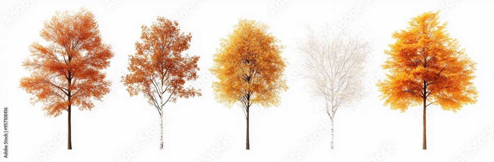 Poster a set of five autumn large trees - sycamore, platanus, maple trees, on a transparent background