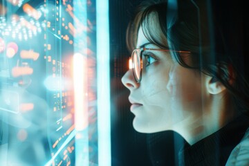 A focused woman peers into a brightly lit, high-tech data server room, her glasses reflecting the colorful interface of complex electronic systems.