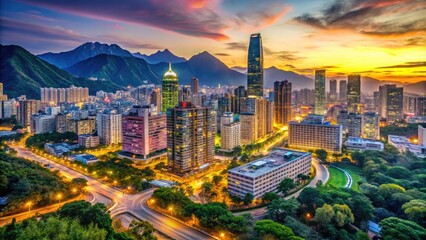 Obraz premium Vibrant cityscape at dusk, with modern skyscrapers and bustling streets contrasting against a serene backdrop of lush greenery and majestic mountain peaks.