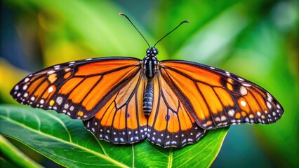 Fototapeta premium Vibrant close-up of a curious orange monarch butterfly's intricate wing patterns and delicate legs perched on a soft, velvety green leaf.