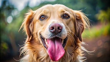 Vibrant close-up of a curious canine's tongue, wet and pink, sticking out of its mouth, slightly curled and relaxed, with a subtle sheen.