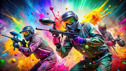 Vibrant paint-splattered backdrop showcases a bold, colorful invitation to a high-energy paintball adventure, complete with gear and action-packed graphics.