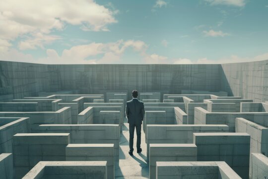 A man stands at the center of an open-air concrete maze, staring at a distant, foreboding wall under a cloudy sky.