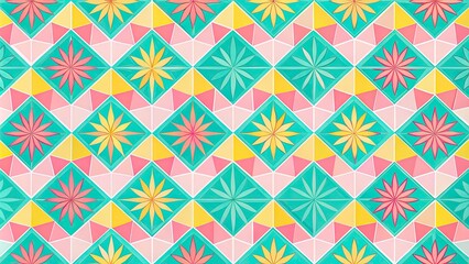 Fototapeta premium Vibrant pastel hues of pink, turquoise, and yellow create a whimsical geometric pattern, evoking the sun-kissed essence of Florida's coastal charm and tropical spirit.