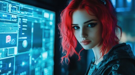 A female programmer with short red hair in front of the screen background wallpaper AI generated image