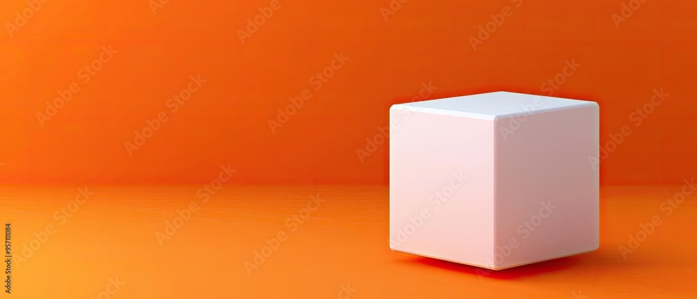 Poster a simple white cube rests on a vibrant orange surface, creating a striking visual contrast and clean