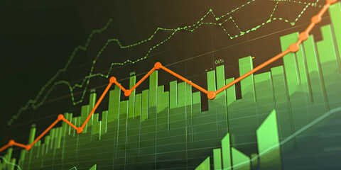 Obraz premium Abstract corporate revenue graph, displaying growth in profits with a green upward trend and a touch of orange for emphasis, on a neutral background.