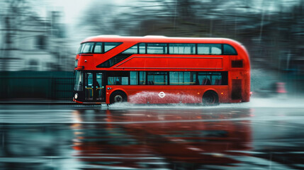 Side view of a red double decker bus travelling at high speed through rain and muddy road