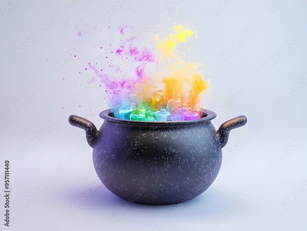 Poster 3D Render of Witch s Cauldron Bubbling with Colorful Potions on Isolate White Background