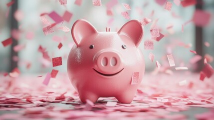 Pink piggy bank surrounded by confetti, symbolizing savings and financial success.