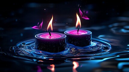 Illuminating candles float on tranquil water, surrounded by delicate butterflies, creating a serene and magical ambiance.