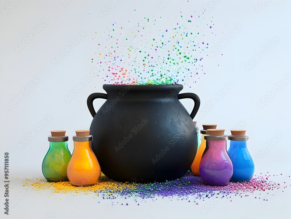 Poster bubbling cauldron of colorful magical potions in minimal studio setting