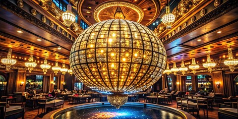 Obraz premium In a lavish gaming venue, a dramatic, dimly lit casino sphere suspended from the ceiling dazzles with intricate glasswork and shimmering lights.