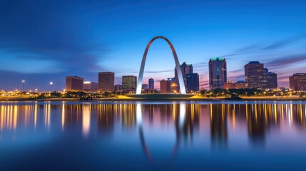 Fototapeta premium Stunning Nighttime Cityscape of St Louis Skyline with Iconic Gateway Arch Reflected in River