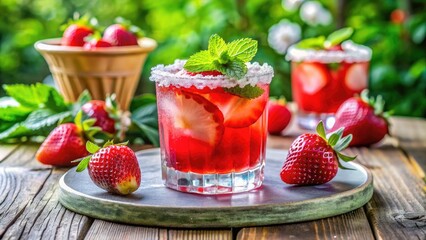 Vibrant pink strawberry cocktail garnished with fresh strawberries, mint leaves, and a sugared rim, served in a chilled glass on a summer outdoor table setting.