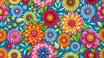 Vibrant colorful flowers bloom in a seamless repeat pattern, ideal for textiles, wallpaper, and craft projects, featuring stylized petals and intricate details in a whimsical design.